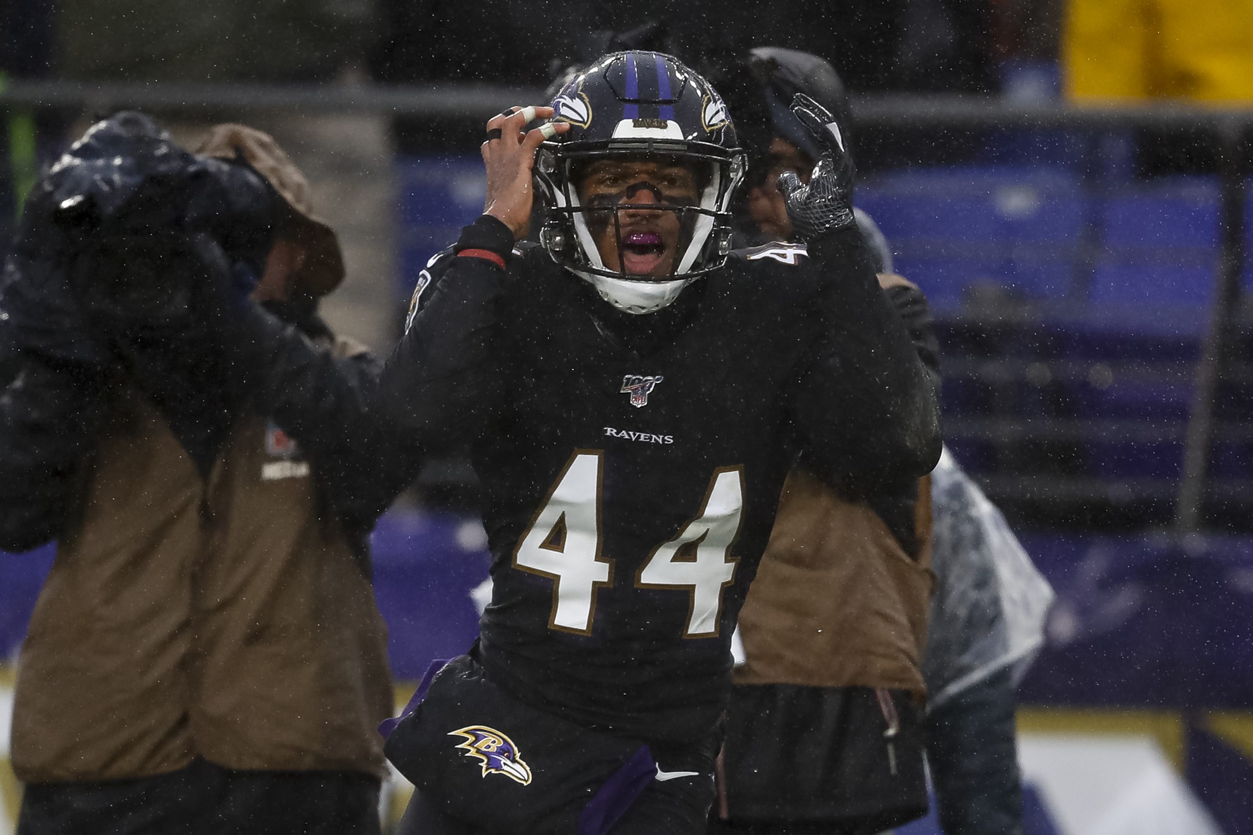 Marlon Humphrey #44 of the Baltimore Ravens reacts after being called for pass interference against...