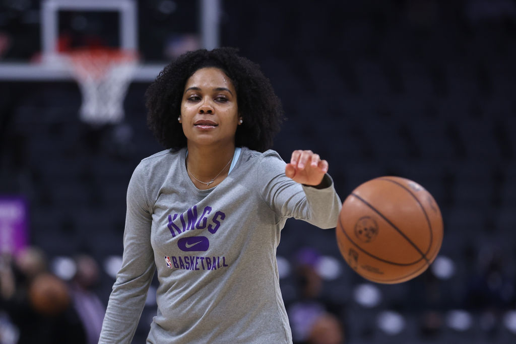 Sacramento Kings Assistant Coach for Player Development Lindsey Harding looks on during the warm up...