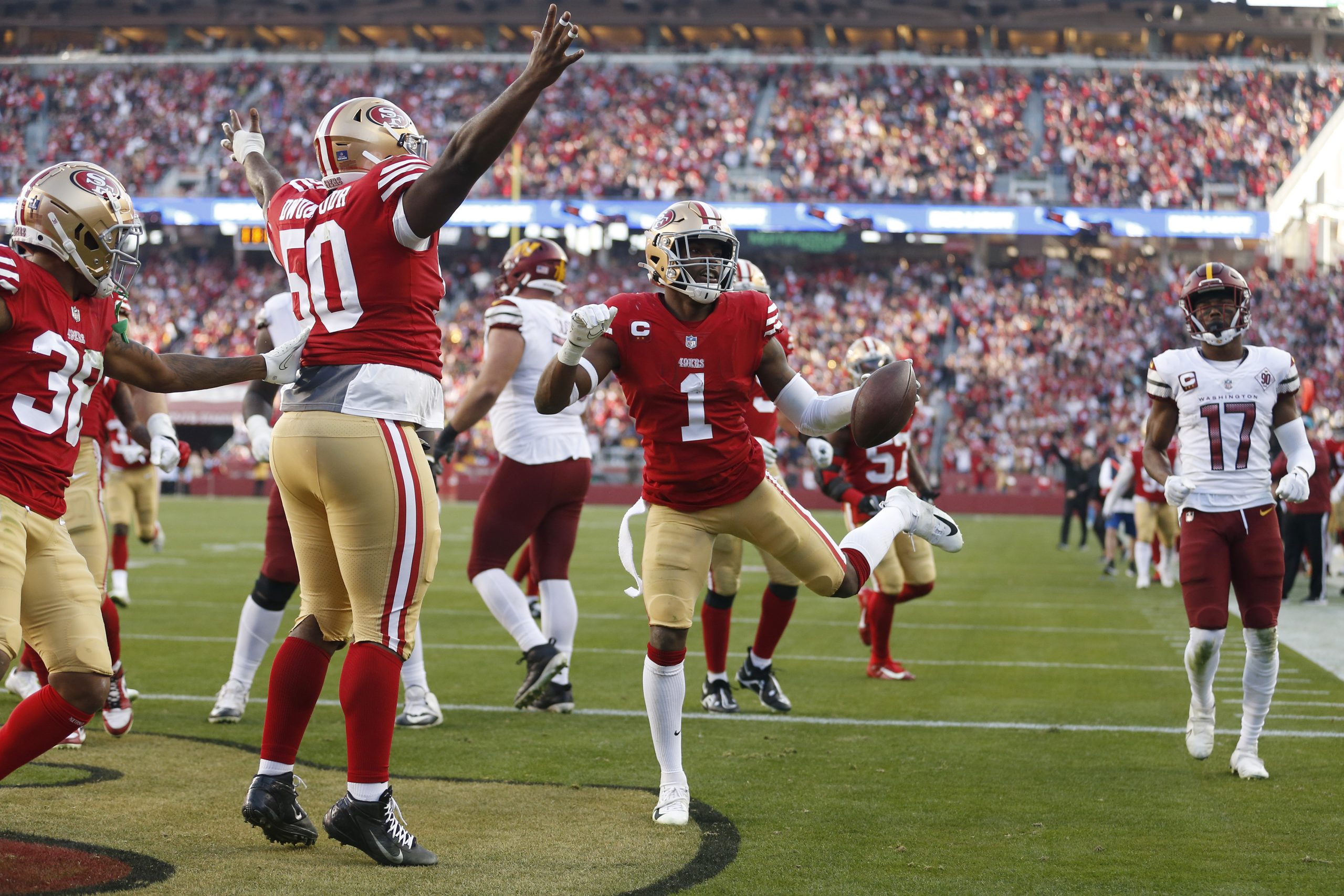 Jimmie Ward #1 of the San Francisco 49ers celebrates after an interception during the fourth quarte...