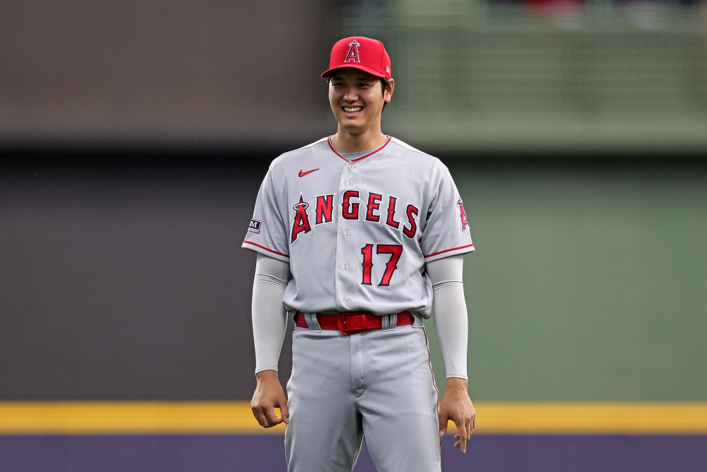 MILWAUKEE, WISCONSIN - APRIL 28: Shohei Ohtani #17 of the Los Angeles Angels participates in warmup...