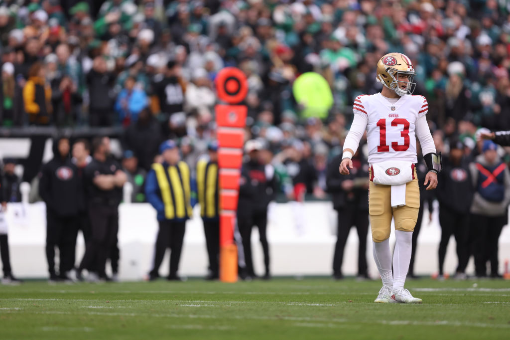 PHILADELPHIA, PA - JANUARY 29: Brock Purdy #13 of the San Francisco 49ers stands on the field durin...