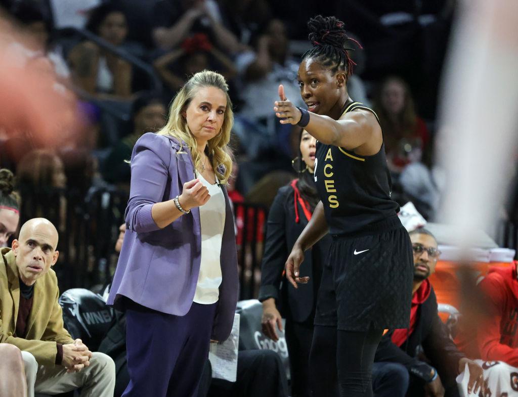 Head coach Becky Hammon of the Las Vegas Aces talks with Chelsea Gray #12 in the second quarter of ...