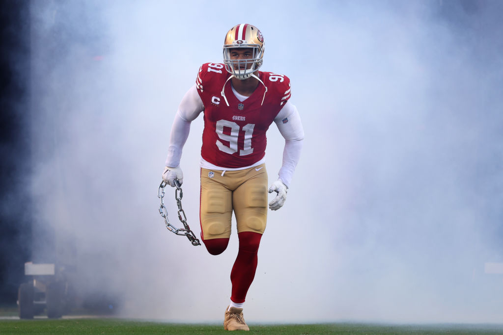 Arik Armstead #91 of the San Francisco 49ers runs out prior to a game against the Dallas Cowboys at...