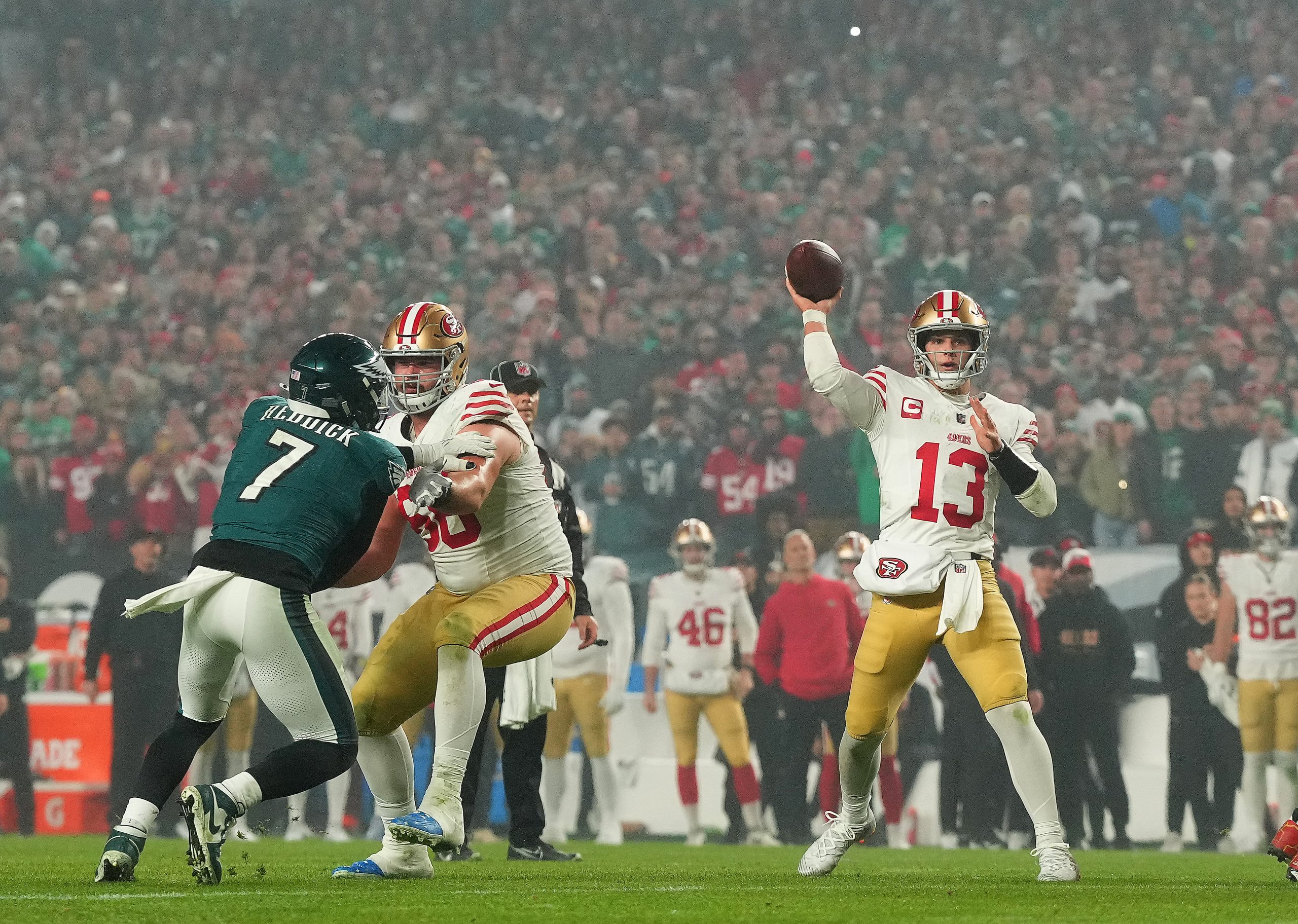Brock Purdy #13 of the San Francisco 49ers throws a pass during the second quarter in the game agai...