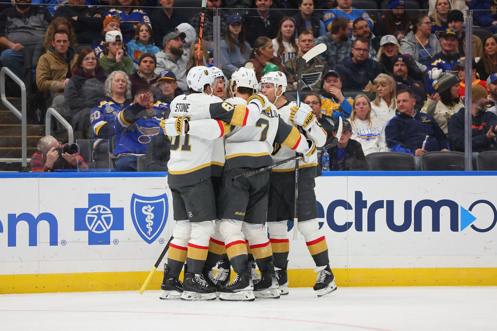 Members of the Vegas Golden Knights celebrate a goal against the St. Louis Blues during the second ...