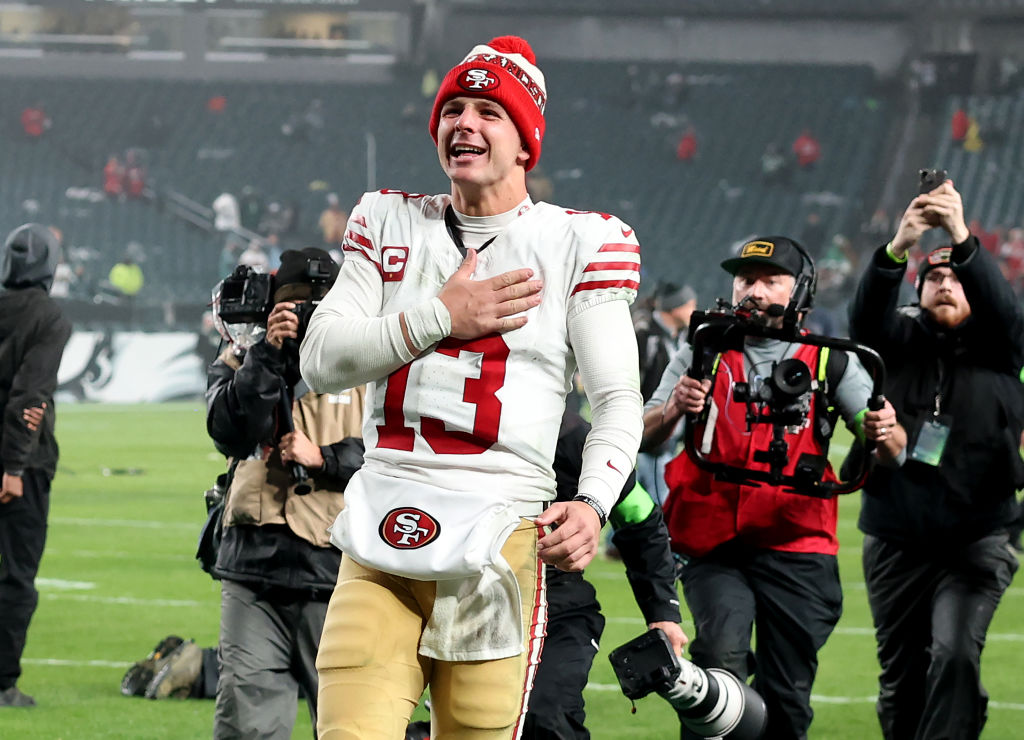 Brock Purdy #13 of the San Francisco 49ers celebrates a win over the Philadelphia Eagles at Lincoln...
