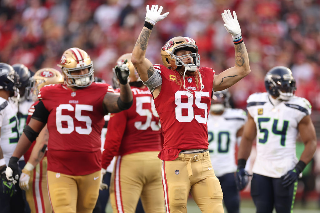 George Kittle #85 of the San Francisco 49ers waves to the fans during the fourth quarter in the gam...