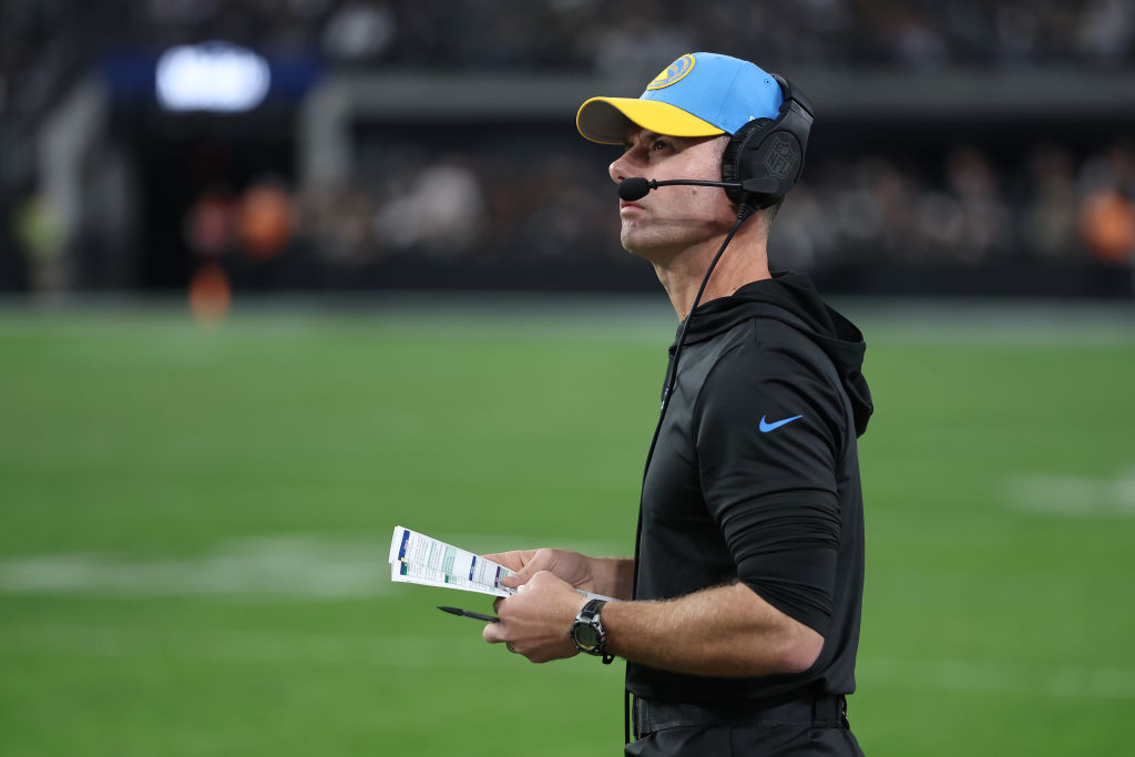Head coach Brandon Staley of the Los Angeles Chargers looks on from the sideline against the Las Ve...