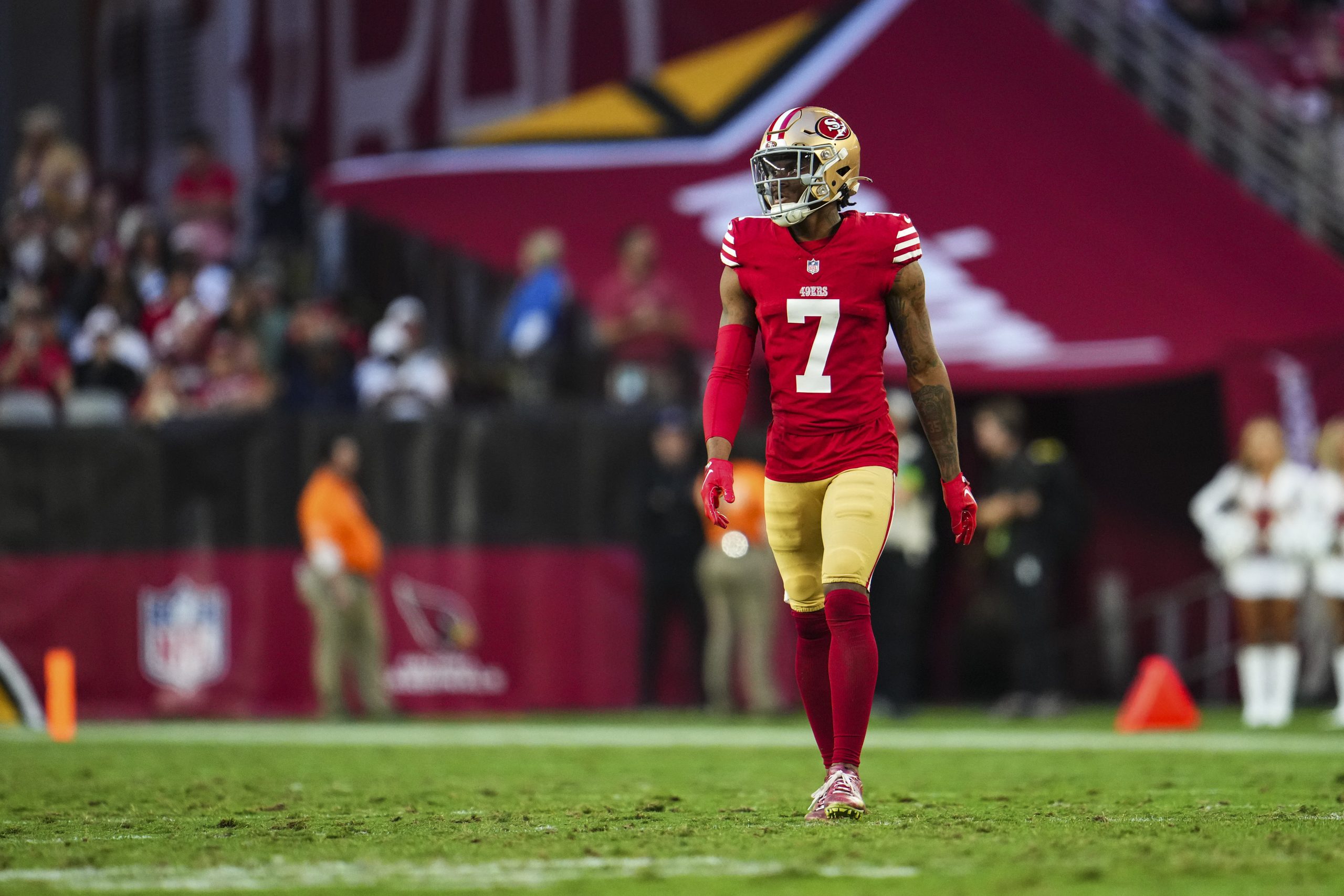 Charvarius Ward #7 of the San Francisco 49ers looks on from the field during an NFL football game a...