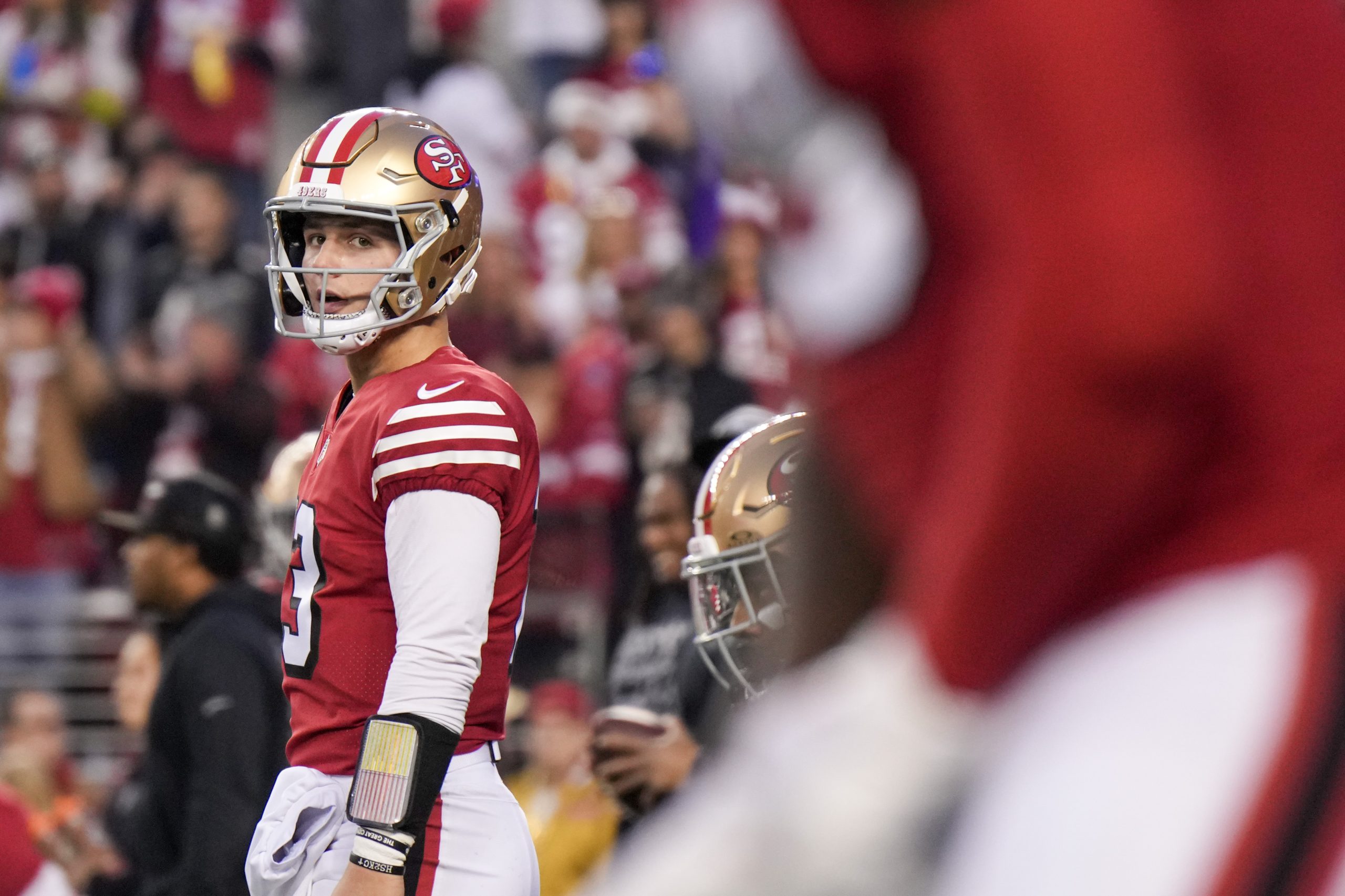 Brock Purdy #13 of the San Francisco 49ers looks on prior to a game against the Baltimore Ravens at...