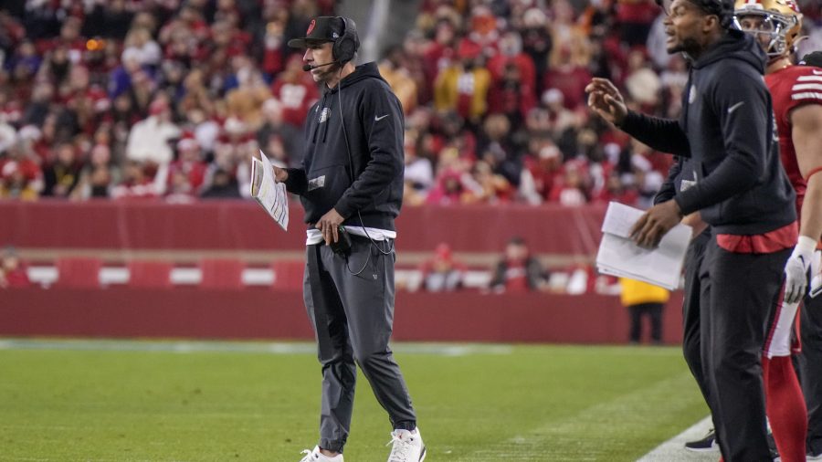 Head coach Kyle Shanahan of the San Francisco 49ers looks on during the fourth quarter against the Baltimore Ravens at Levi's Stadium on December 25, 2023 in Santa Clara, California.