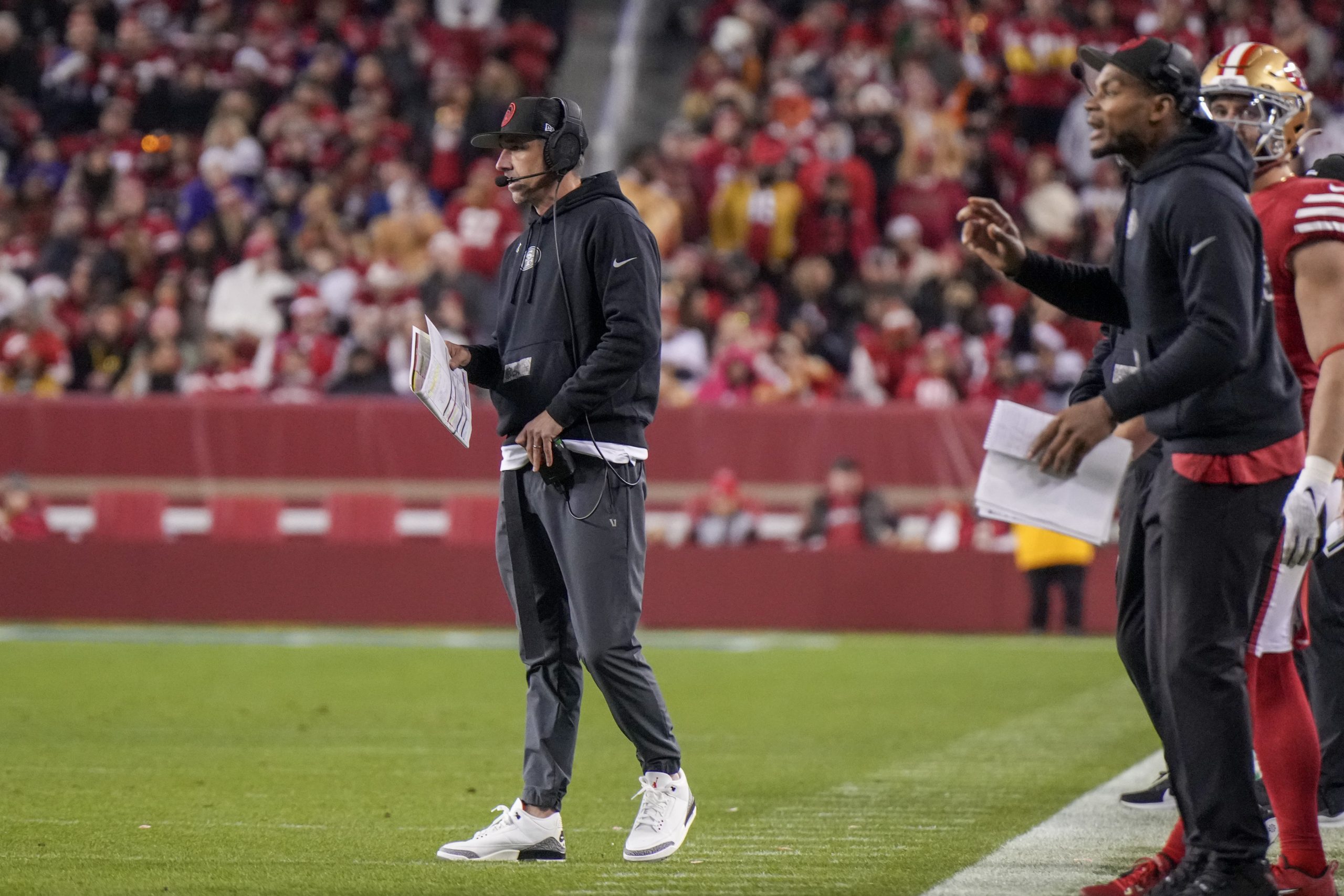 Head coach Kyle Shanahan of the San Francisco 49ers looks on during the fourth quarter against the ...