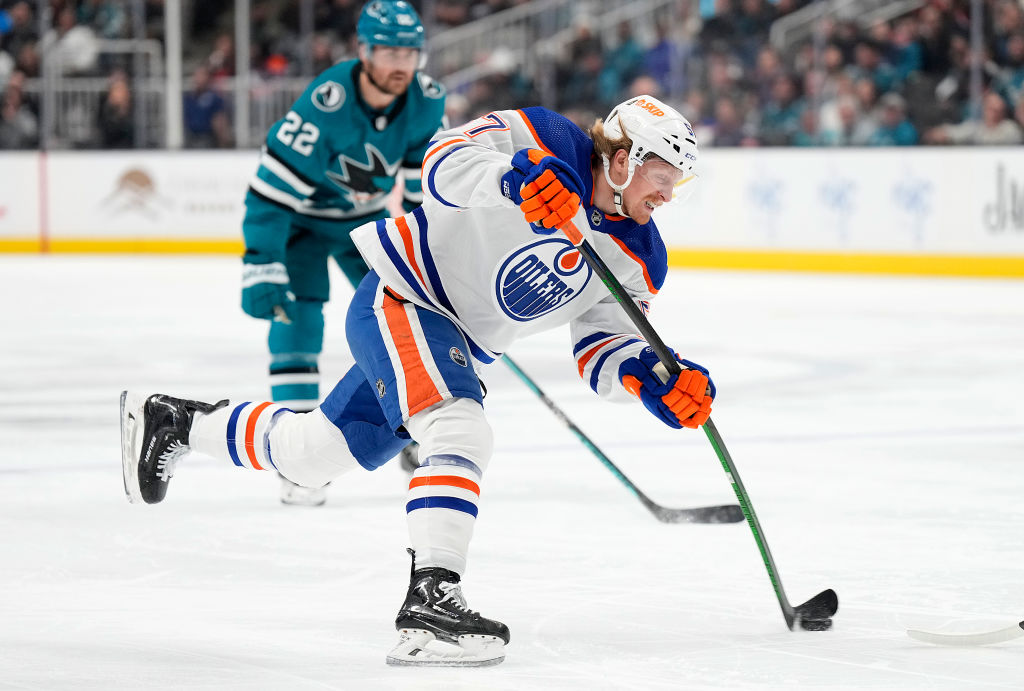 James Hamblin #57 of the Edmonton Oilers shoots on goal against the San Jose Sharks during the firs...