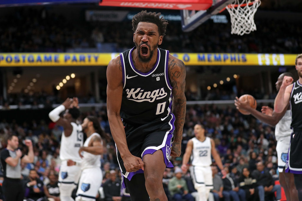 Malik Monk #0 of the Sacramento Kings reacts during the first half against the Memphis Grizzlies at...