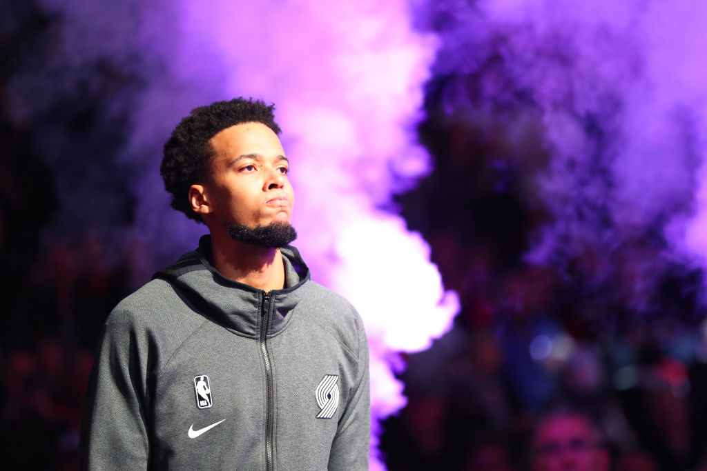 Skal Labissiere #17 of the Portland Trail Blazers is introduced as part of the team prior to taking...