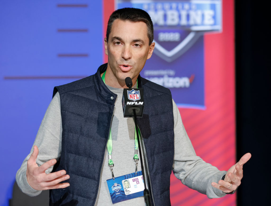 Tom Telesco, general manager of the Los Angeles Chargers speaks to reporters during the NFL Draft C...