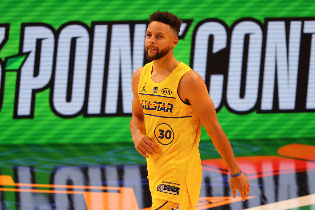 Stephen Curry #30 of the Golden State Warriors competes in the 2021 NBA All-Star - MTN DEW 3-Point ...