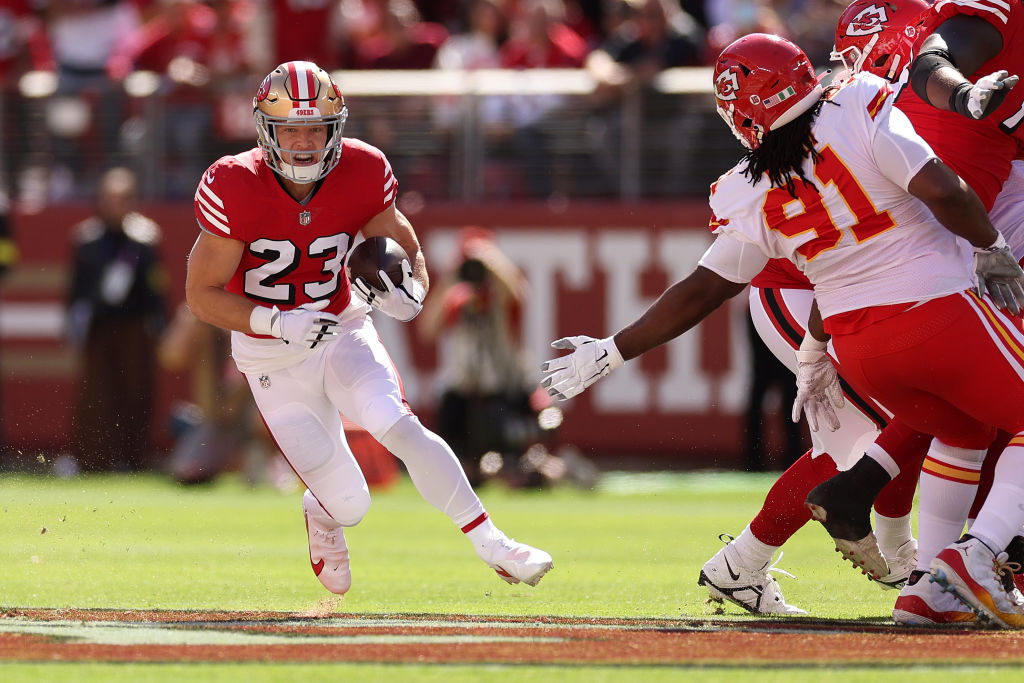 Christian McCaffrey #23 of the San Francisco 49ers rushes the ball in the first quarter against the...
