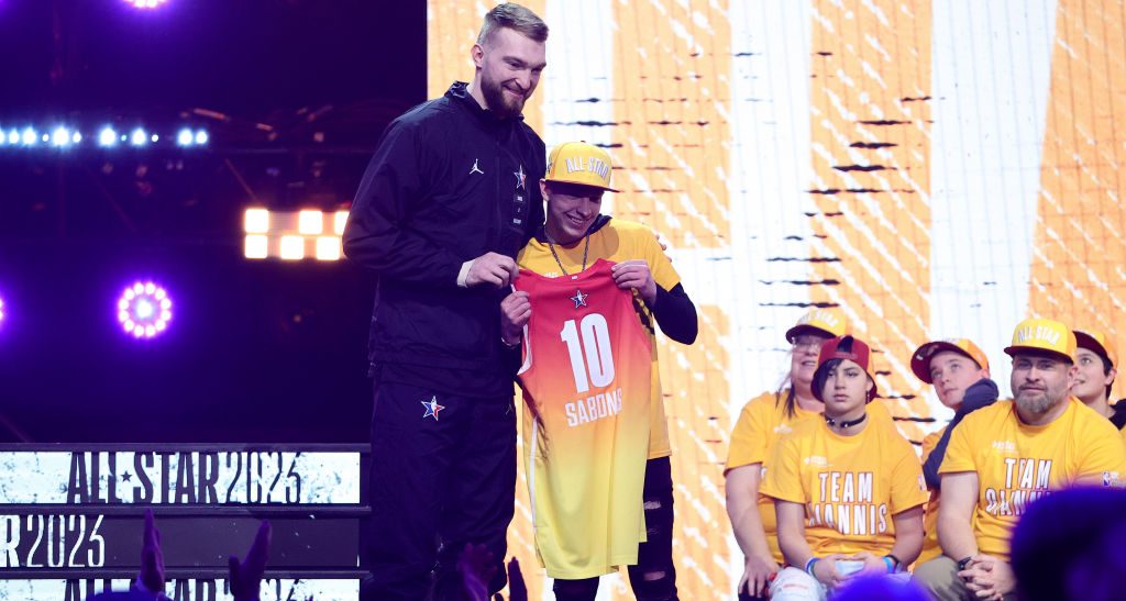 Domantas Sabonis of the Sacramento Kings is drafted by Team Giannis prior to the 2023 NBA All Star ...