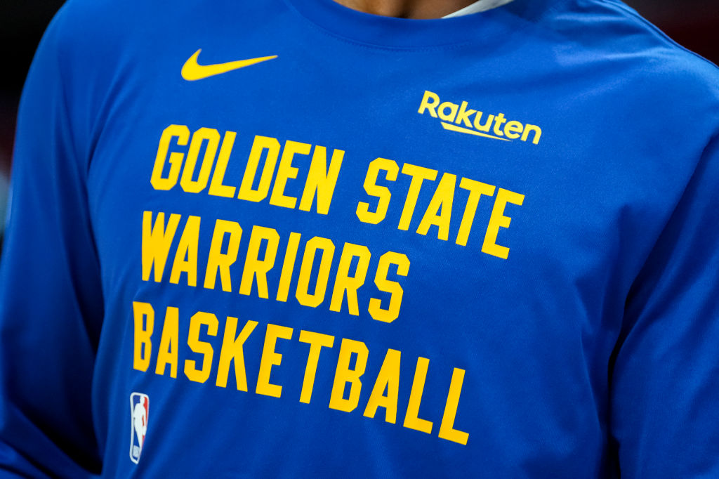 A detail of the Golden State Warriors uniform against the Detroit Pistons at Little Caesars Arena o...