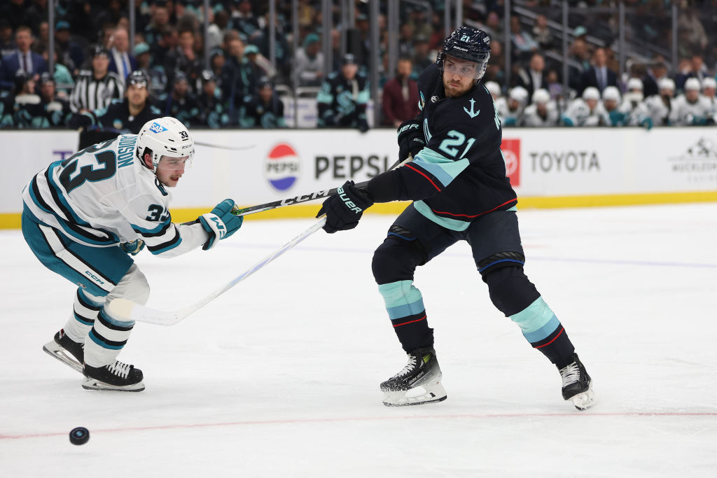 Alex Wennberg #21 of the Seattle Kraken shoots against San Jose Sharks during the second period at ...