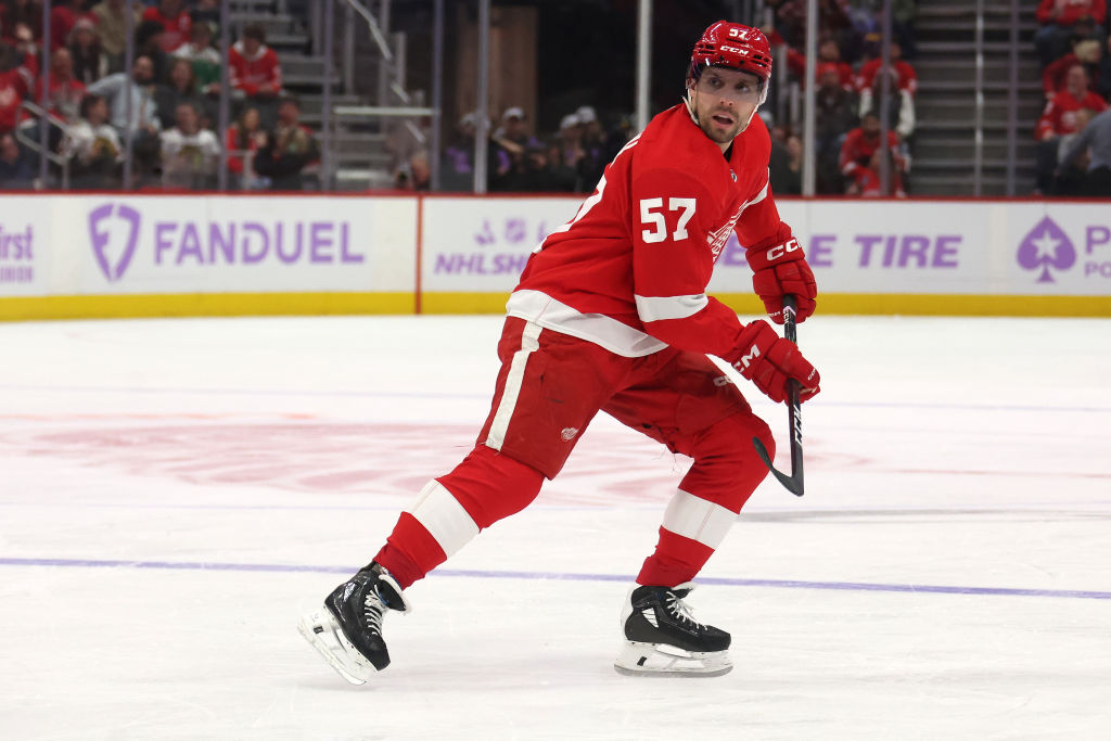 David Perron #57 of the Detroit Red Wings skates against the Chicago Blackhawks at Little Caesars A...