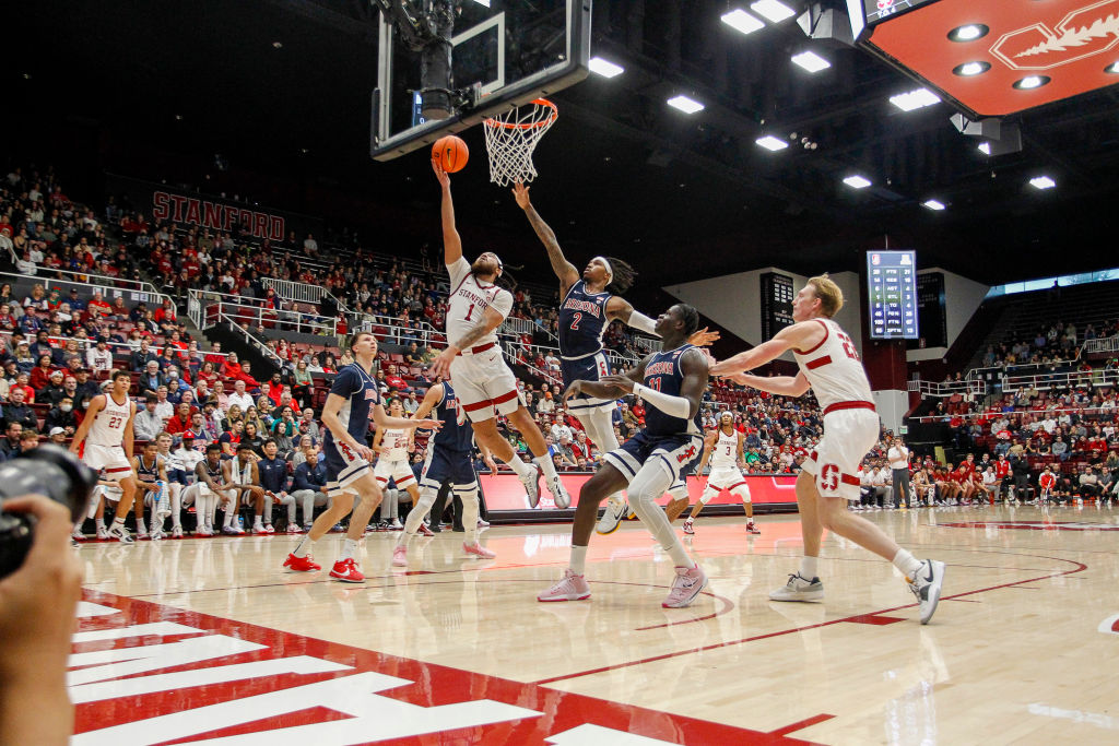 Stanford Cardinal G Jared Bynum (1) shoots as Arizona Wildcats G Caleb Love (2) tries to block his ...