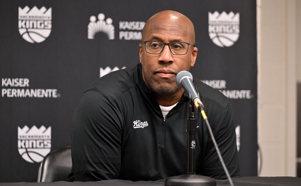 Head Coach Mike Brown of the Sacramento Kings speaks during a press conference before the game agai...