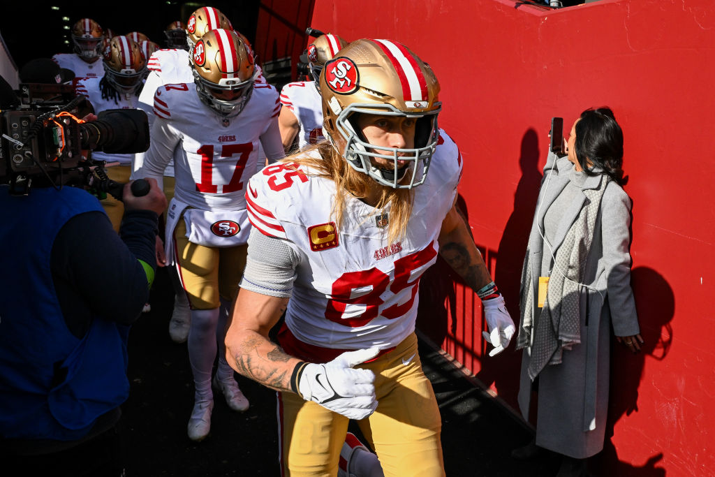 George Kittle #85 of the San Francisco 49ers takes the field prior to a game against the Washington...