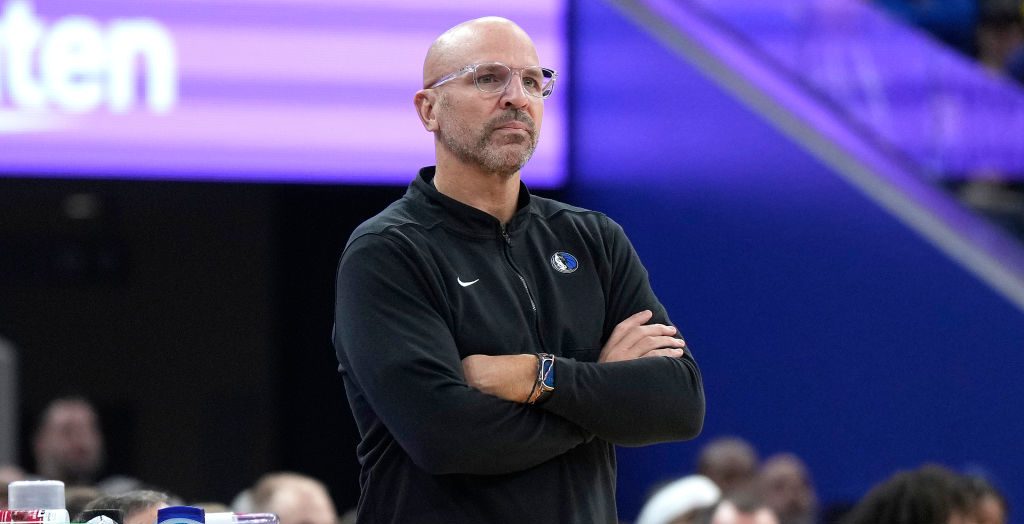 Head coach Jason Kidd of the Dallas Mavericks looks on against the Golden State Warriors during the...