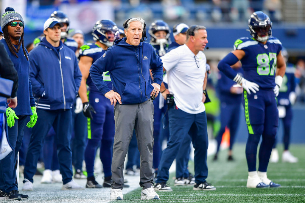 Head coach Pete Carroll of the Seattle Seahawks looks on during the third quarter of a game against...