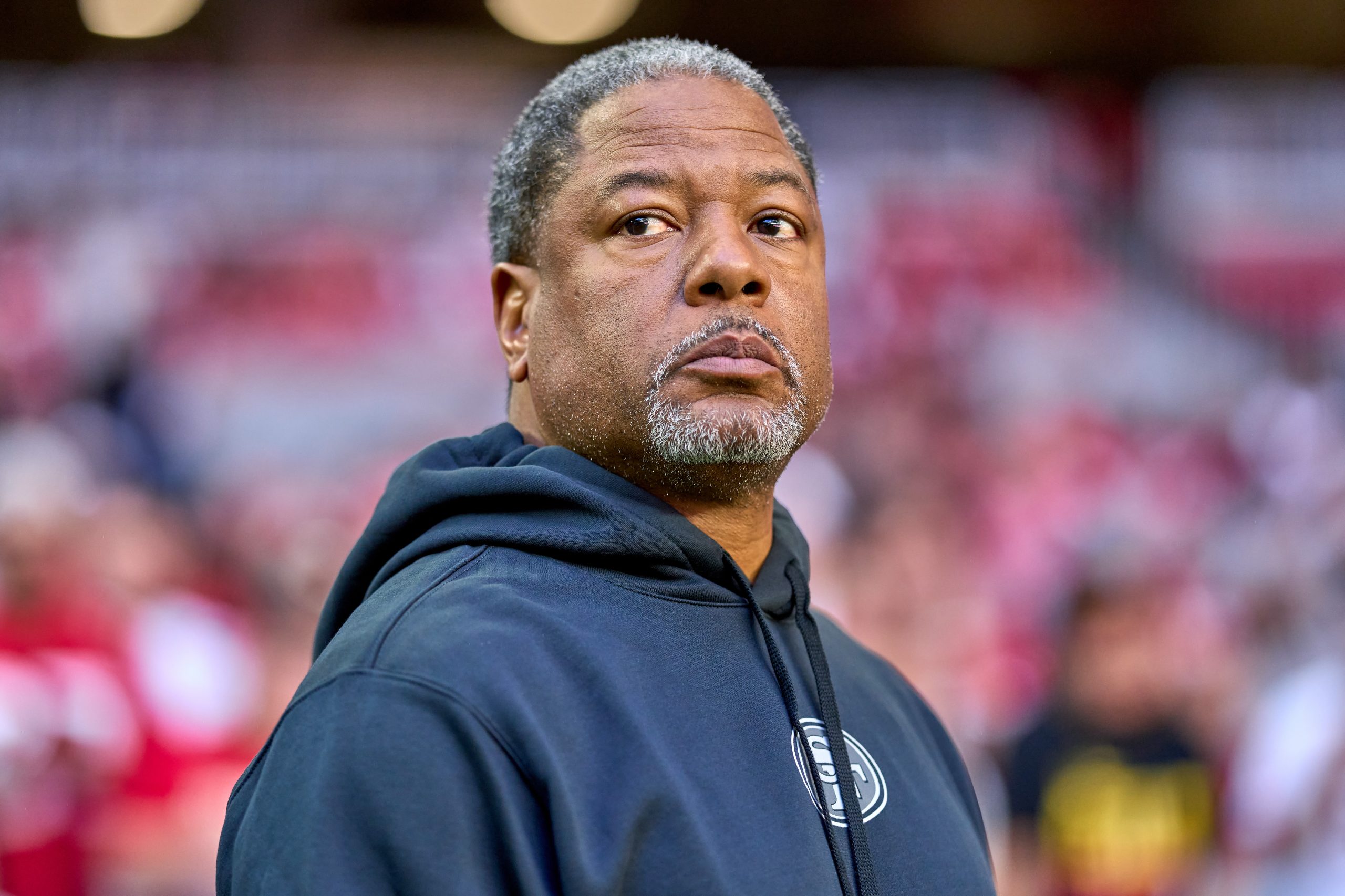 Defensive Coordinator Steve Wilks of the San Francisco 49ers looks on in action during a game betwe...