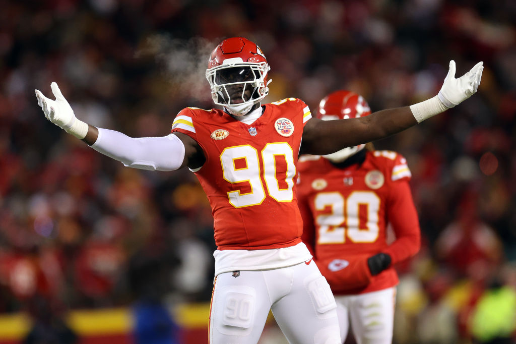Defensive end Charles Omenihu #90 of the Kansas City Chiefs during the AFC Wild Card Playoff game a...