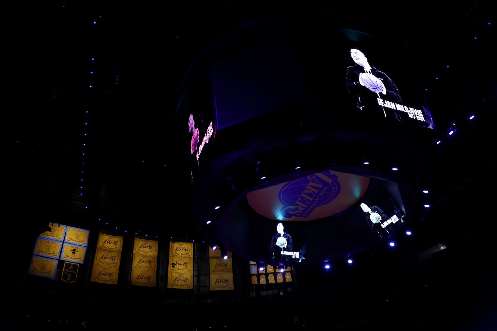A general view of the screen during a moment of silence for Golden State Warriors assistant coach D...
