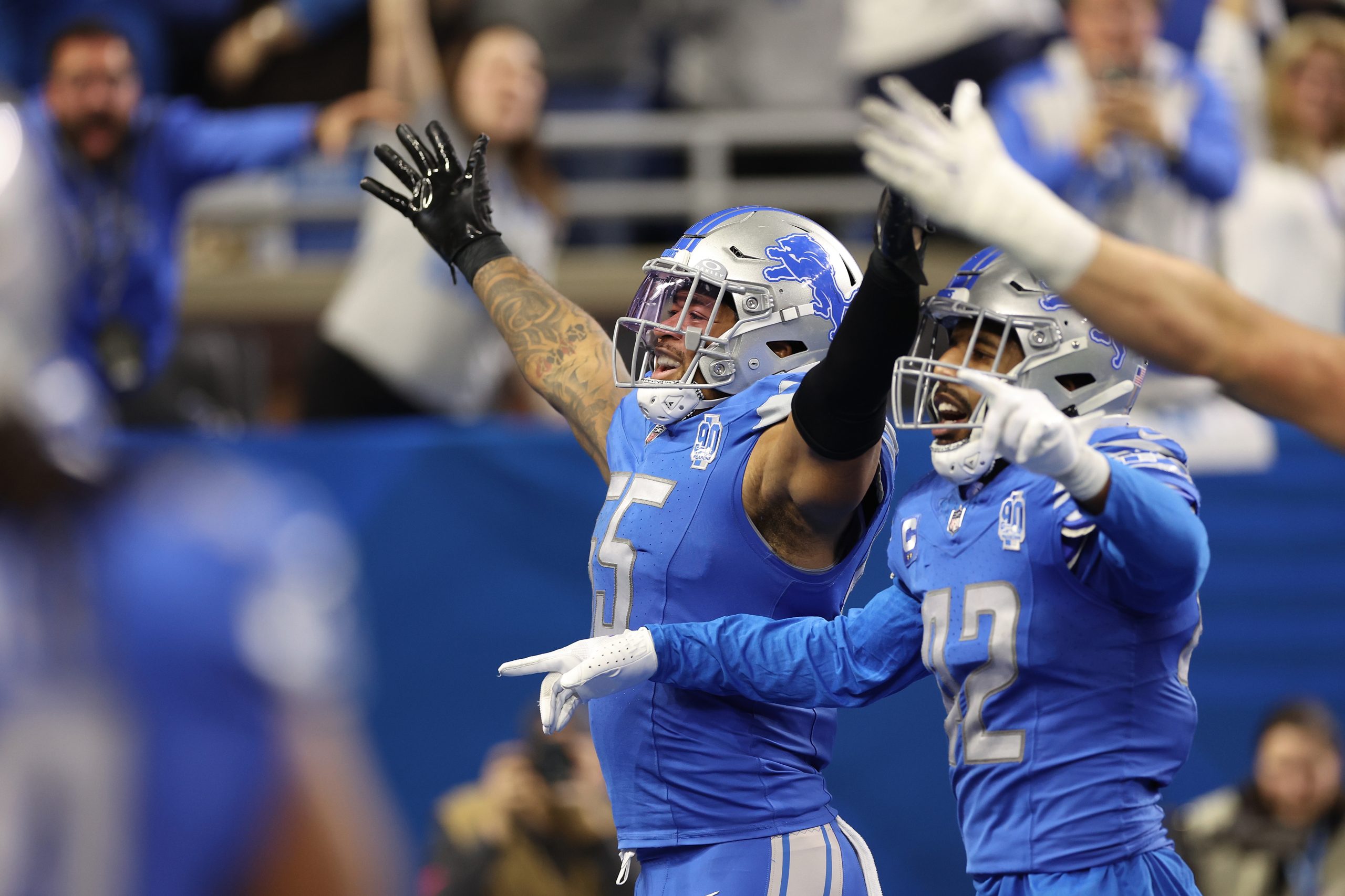 Derrick Barnes #55 of the Detroit Lions celebrates after an interception against the Tampa Bay Bucc...