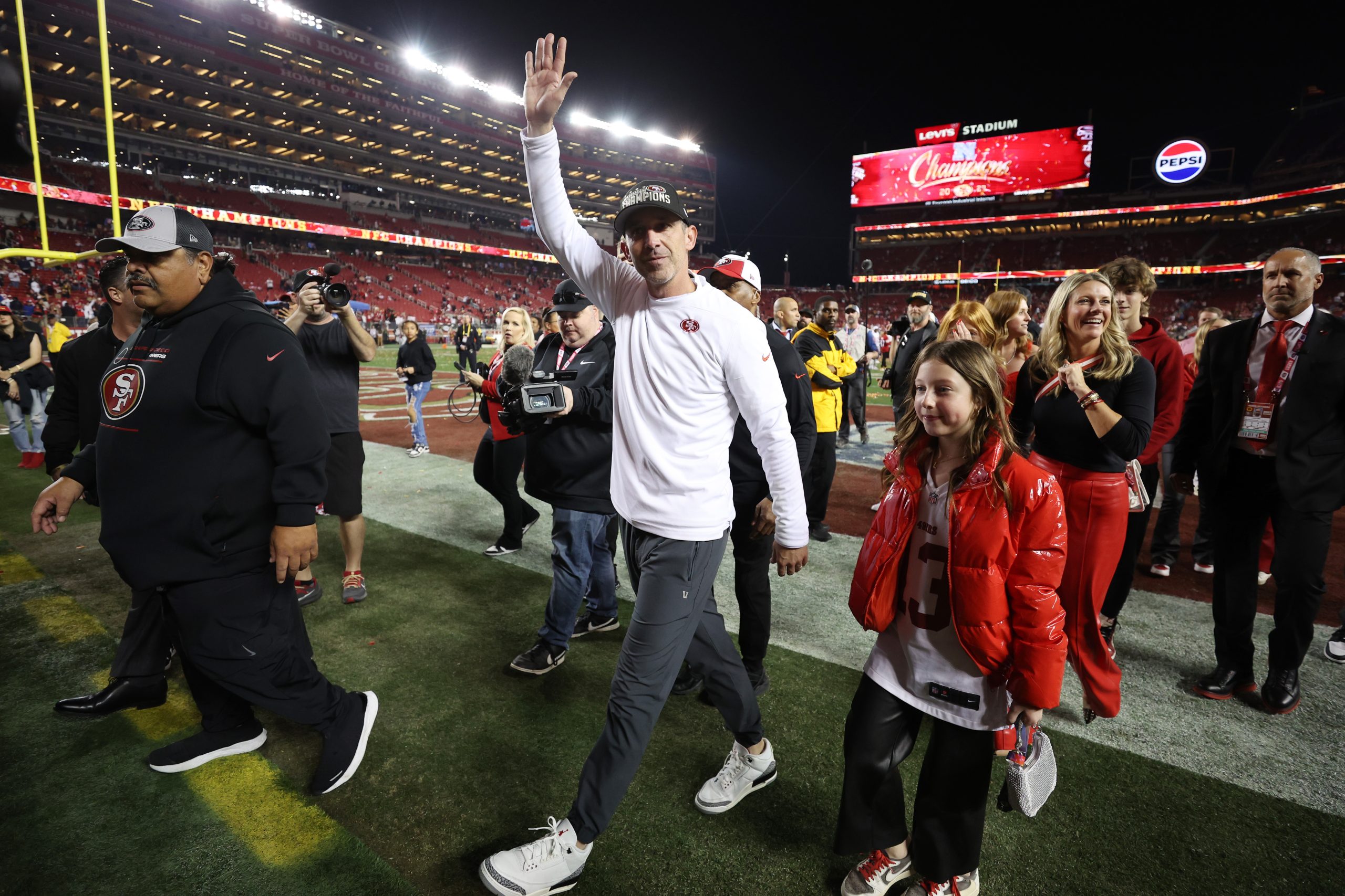 Head coach Kyle Shanahan of the San Francisco 49ers reacts as he walks off the field after defeatin...