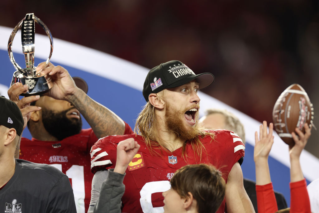 George Kittle #85 of the San Francisco 49ers reacts after defeating the Lions to advance to Super B...