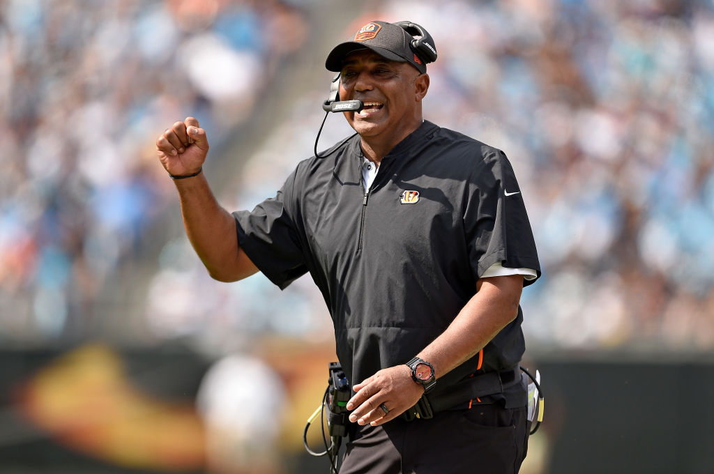 Head coach Marvin Lewis of the Cincinnati Bengals reacts against the Carolina Panthers in the third...