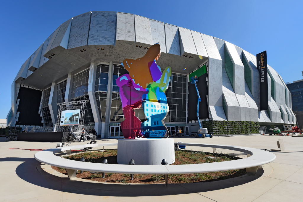 Jeff Koons' artwork "Coloring Book" is on display at the newly constructed Golden 1 Center as crews...