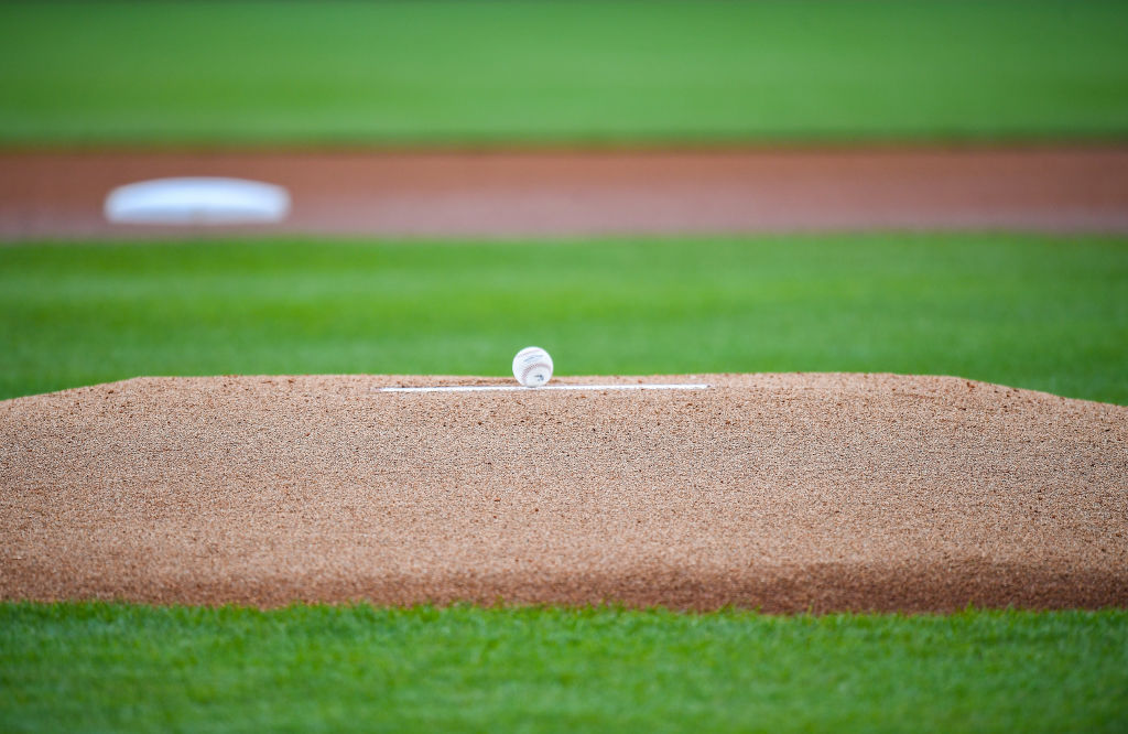 TAMPA, FLORIDA - FEBRUARY 26: A MLB baseball rests on the mound prior the spring training game betw...