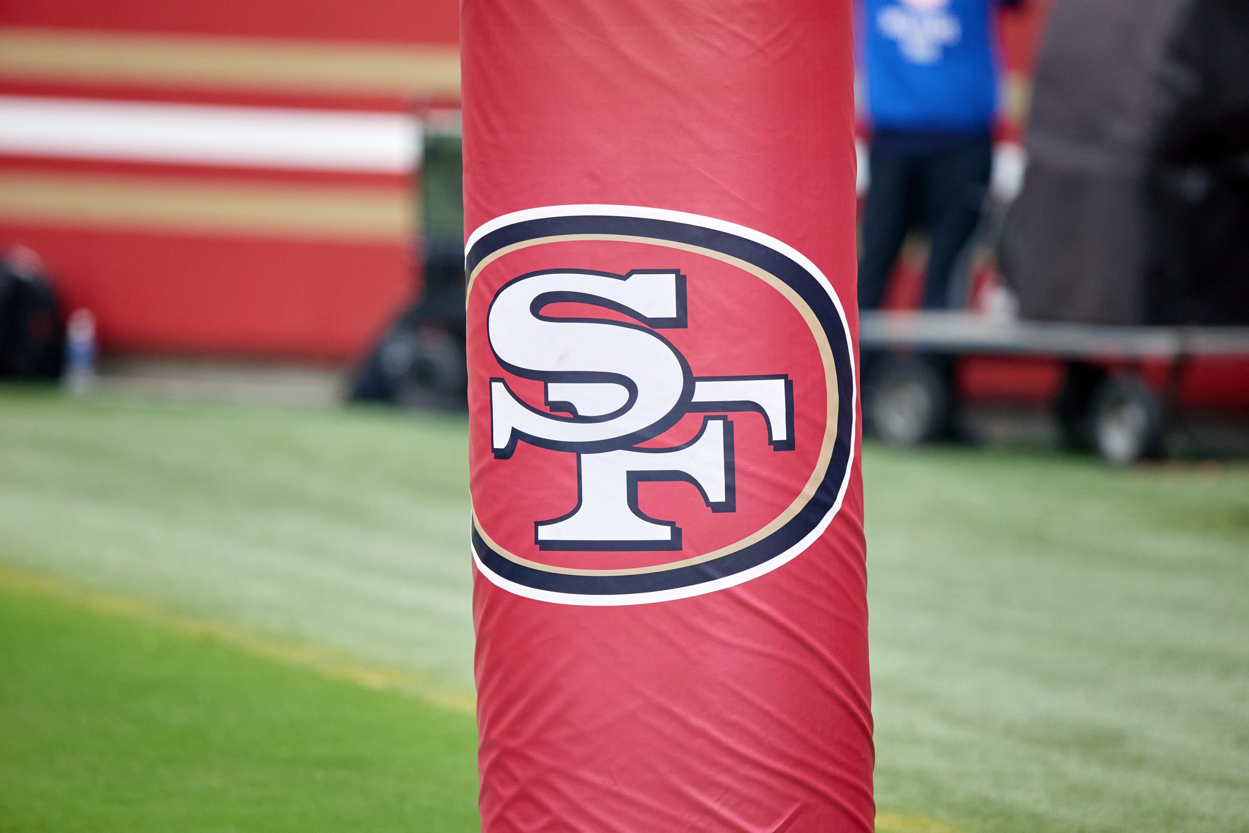 A detail view of San Francisco 49ers logo is seen on a goal post during the NFL game between the Sa...