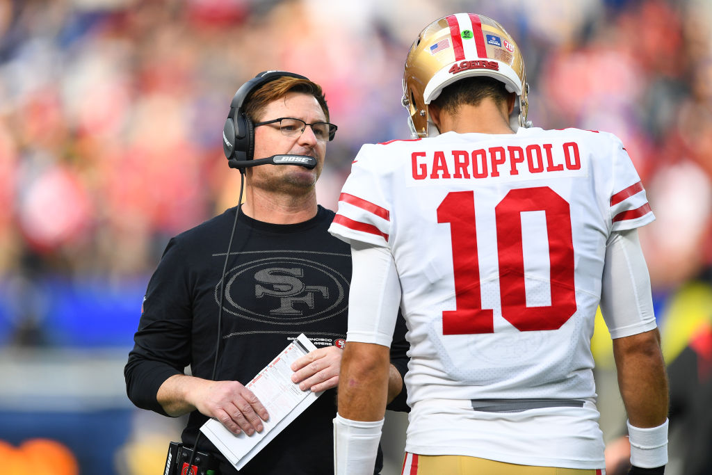 San Francisco 49ers Quarterback Jimmy Garoppolo (10) talks with San Francisco 49ers Quarterback coa...