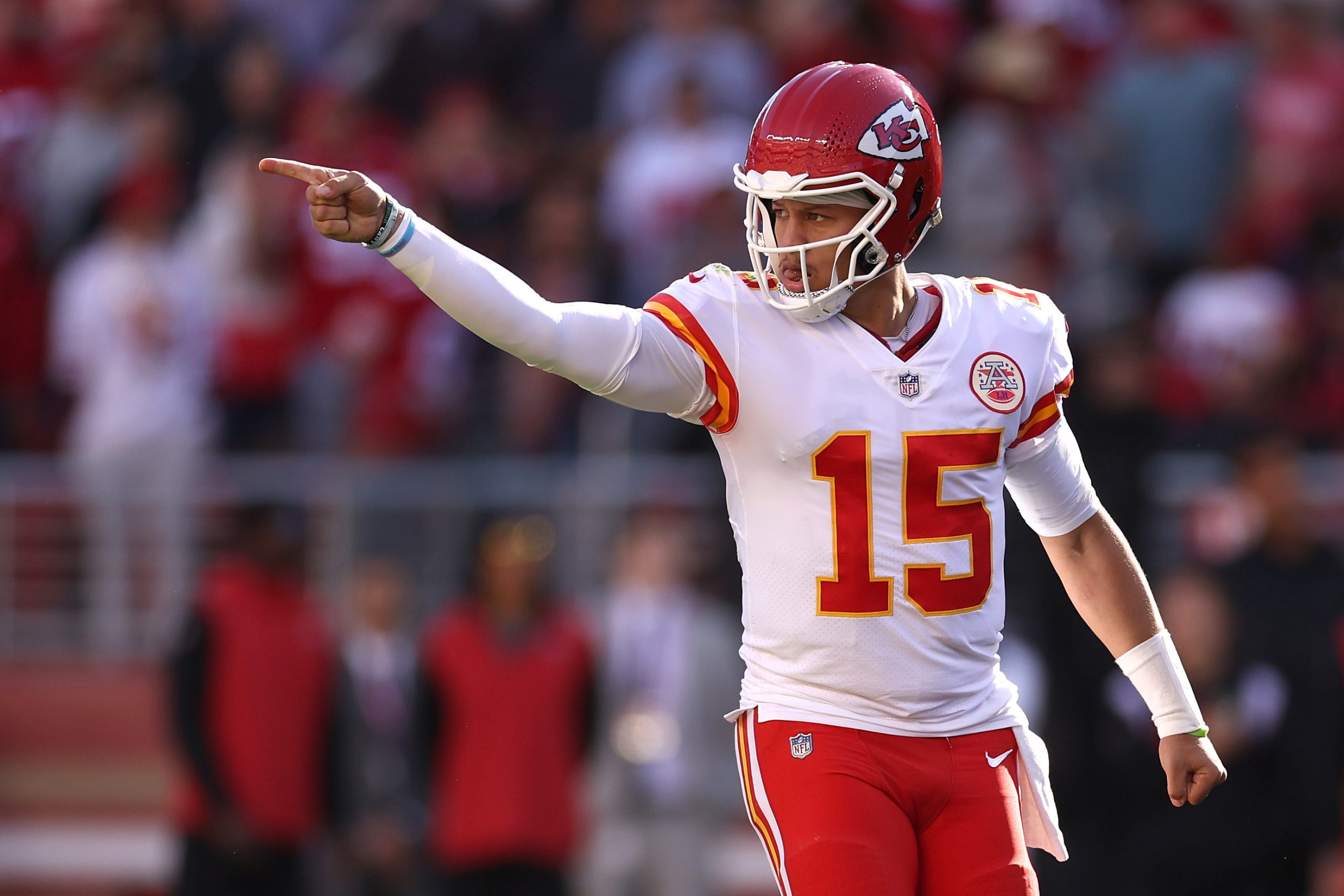 Patrick Mahomes #15 of the Kansas City Chiefs reacts during the second half against the San Francis...
