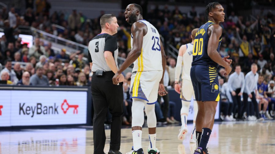 Draymond Green #23 of the Golden State Warriors has a few words to say after recieving his second technical foul in the game against the Indiana Pacers at Gainbridge Fieldhouse on December 14, 2022 in Indianapolis, Indiana.