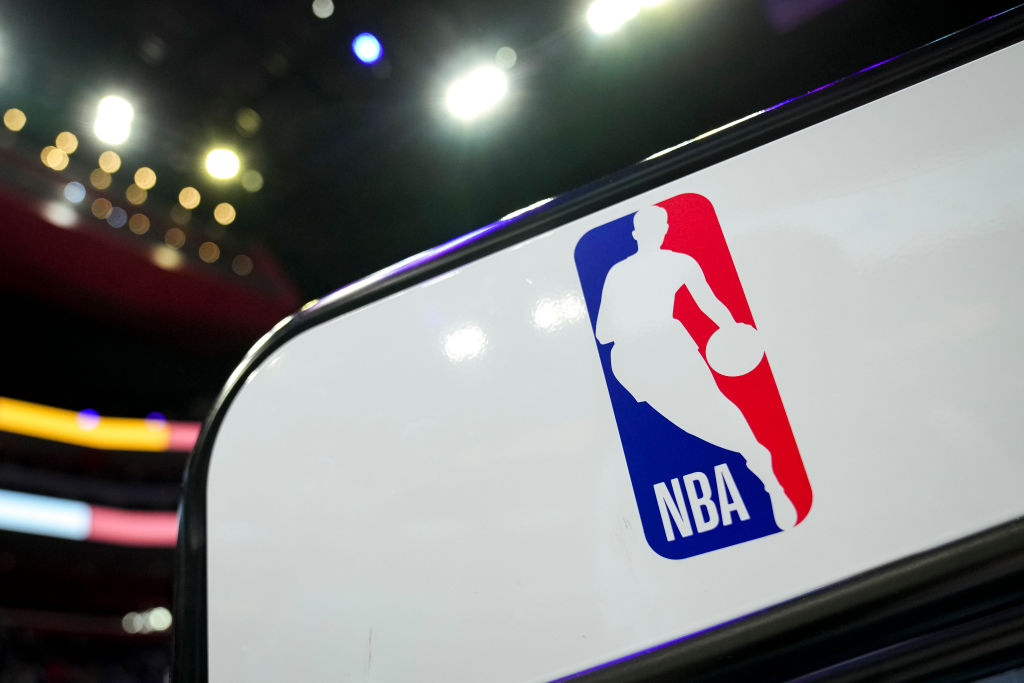 DETROIT, MICHIGAN - FEBRUARY 03: The NBA logo is pictured before the game between the Detroit Pisto...