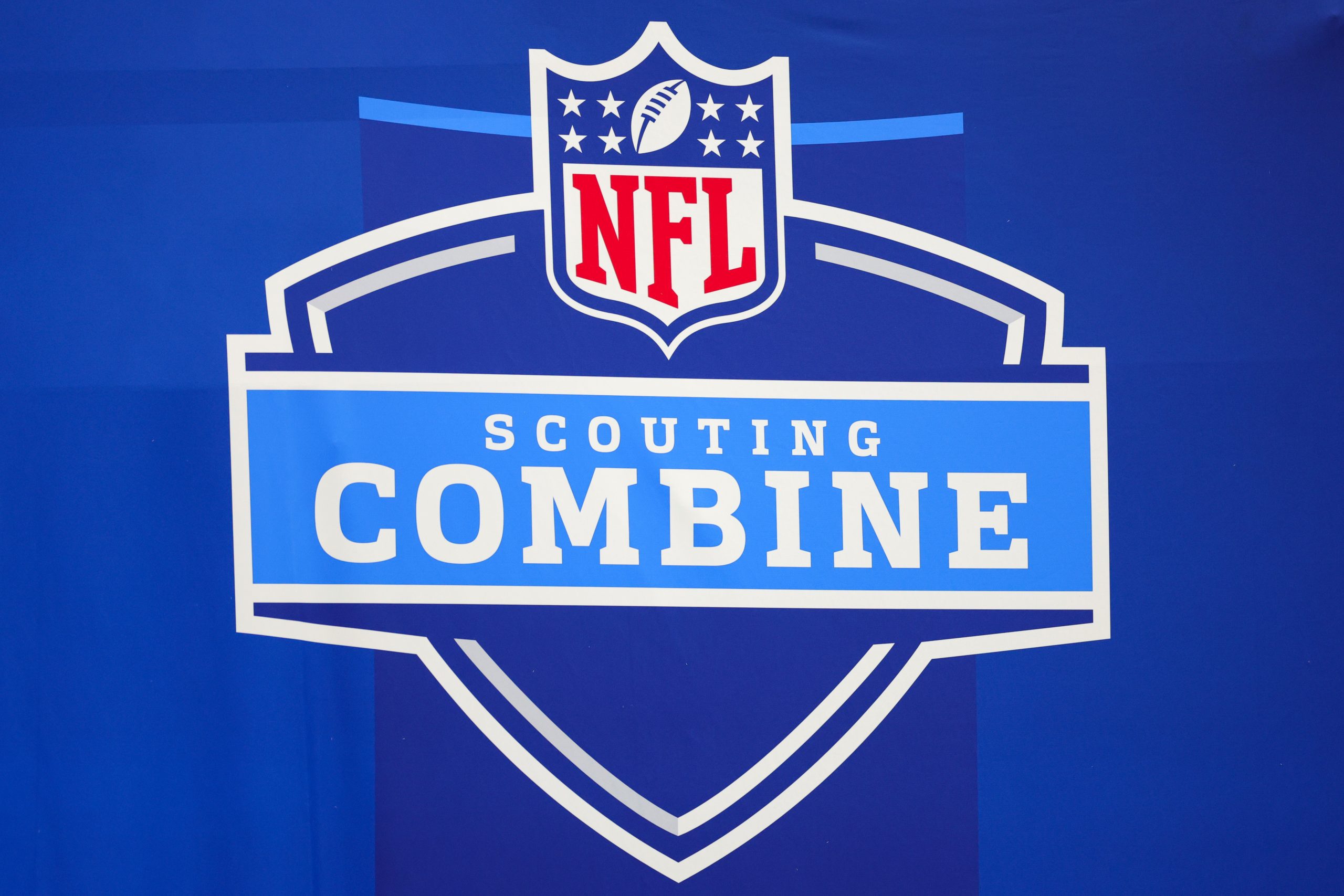 A detailed view of the NFL Combine logo at Lucas Oil Stadium on March 02, 2023 in Indianapolis, Ind...