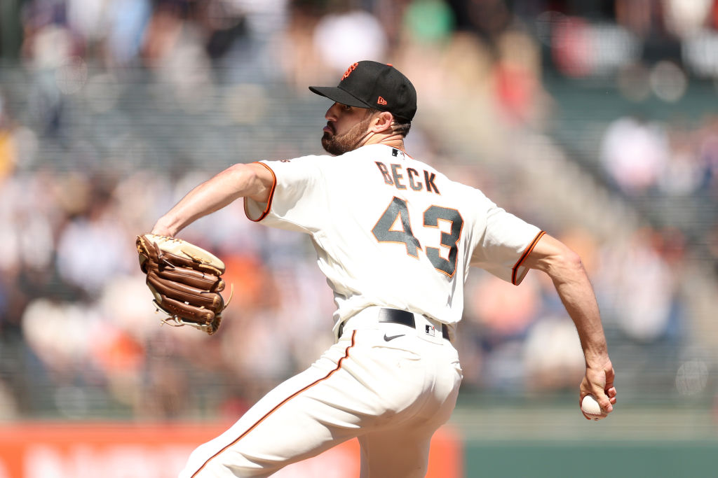 Tristan Beck #43 of the San Francisco Giants pitches against the St. Louis Cardinals at Oracle Park...