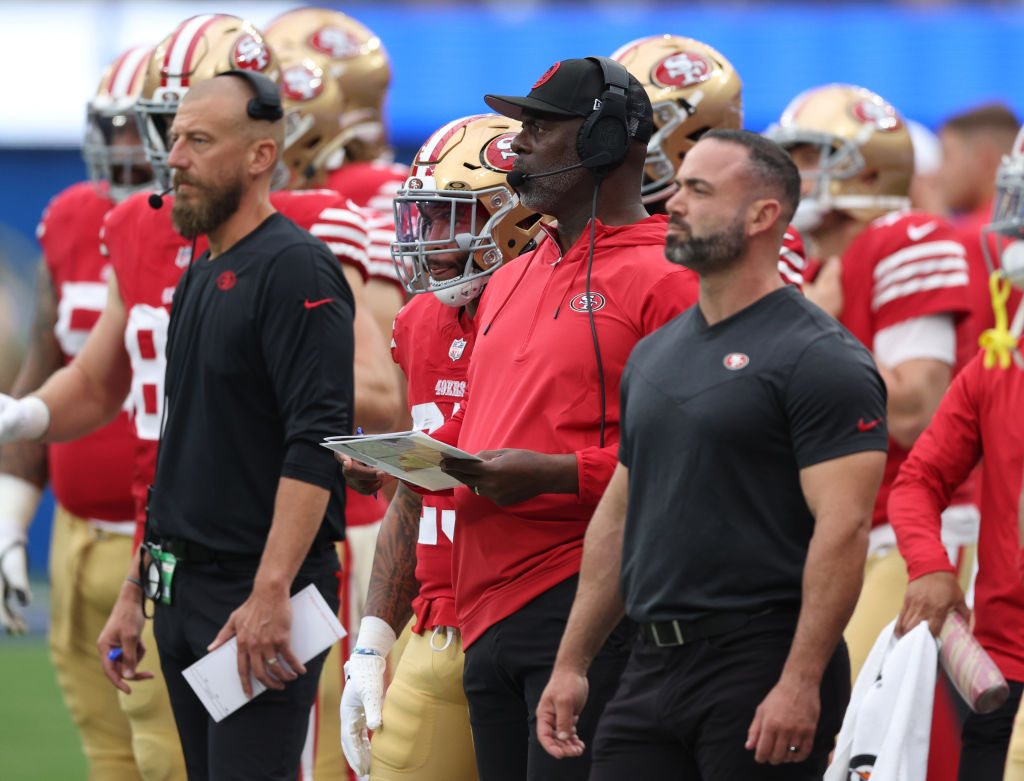 Coach Anthony Lynn of the San Francisco 49ers on the sidelines during a 30-23 49ers win over the Lo...