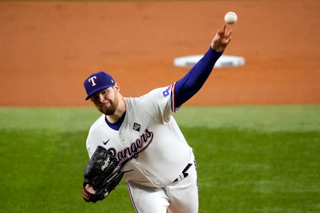 ARLINGTON, TEXAS - OCTOBER 28: Jordan Montgomery #52 of the Texas Rangers pitches in the first inni...