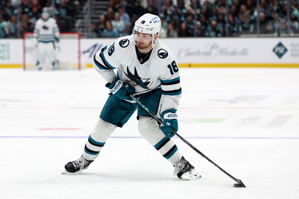 Filip Zadina #18 of the San Jose Sharks shoots against the Seattle Kraken during the third period a...